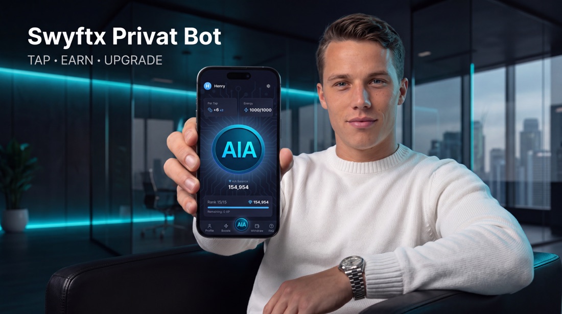 Henry holding a phone showing the AIA bot and its token balance.